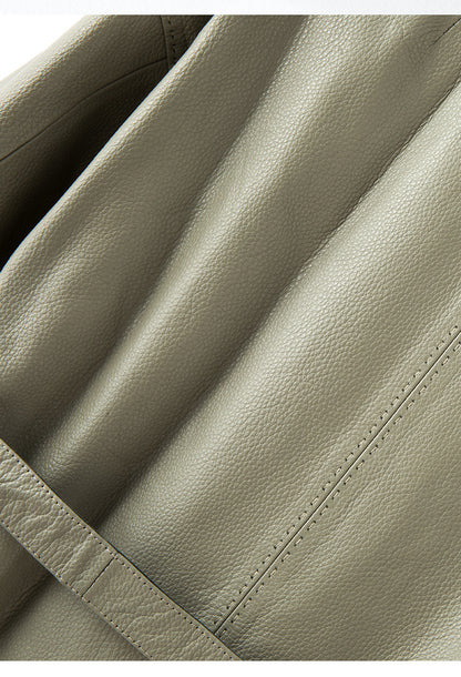 Women Leather Jacket Lychee Grain Belted Short Coat