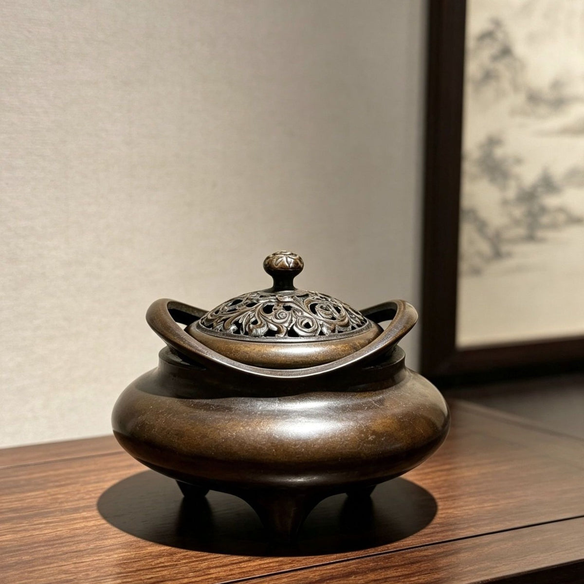 Incense Burner with Antique Bronze Finish and Ornate Lid