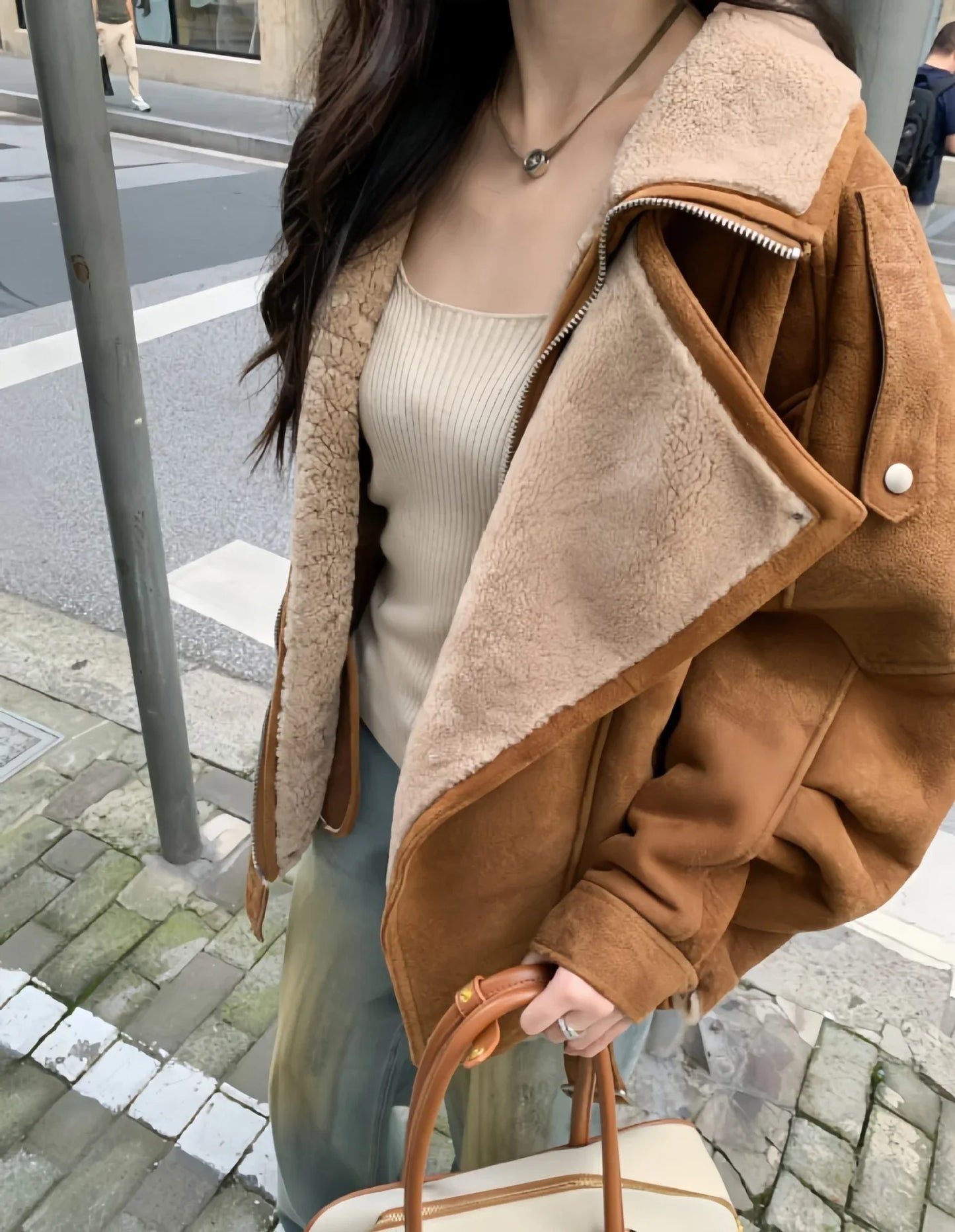 Women Suede Lambswool Real Fur Moto Jacket