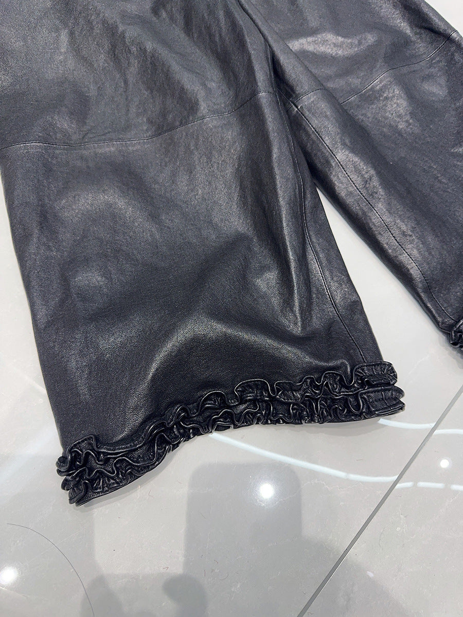 Women Wide Leg Leather Pants High Waisted Nine Point Trousers