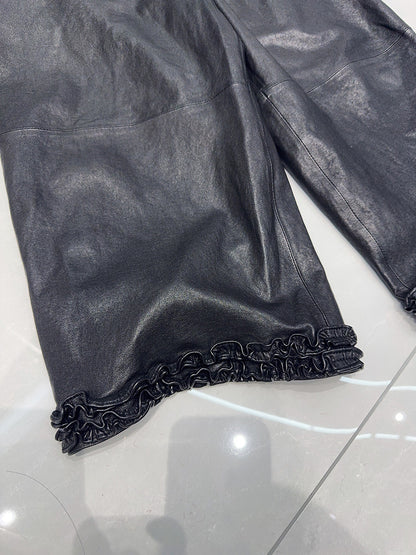 Women Wide Leg Leather Pants High Waisted Nine Point Trousers