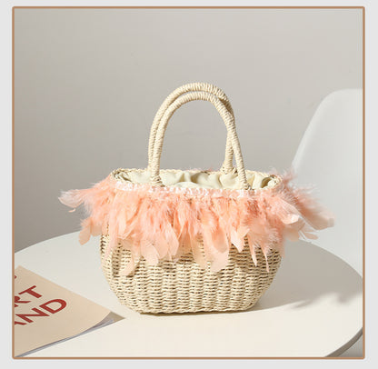 Woven Feather Straw Beach Bag White Fringe