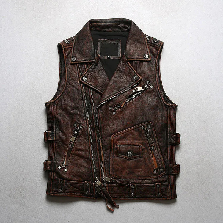 Men’s Genuine Leather Biker Motorcycle Vest Brown S