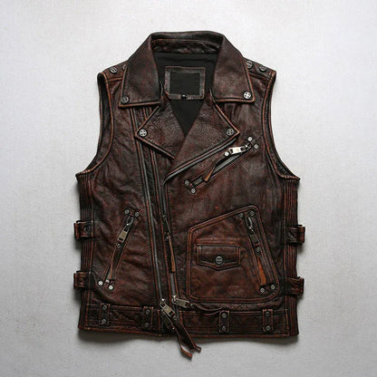 Men’s Genuine Leather Biker Motorcycle Vest Brown S