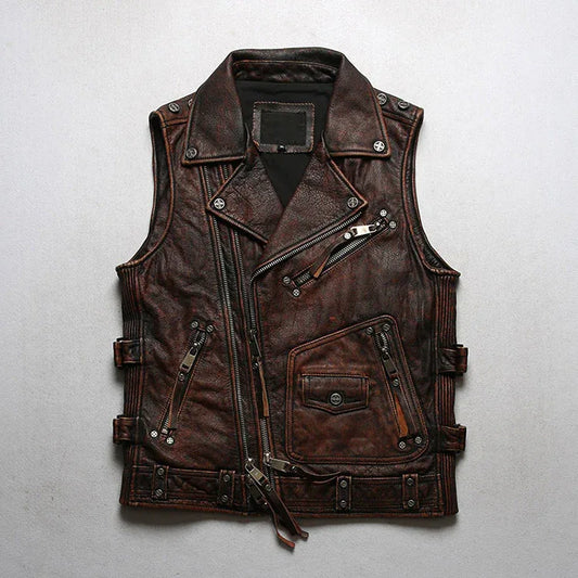 Men’s Genuine Leather Biker Motorcycle Vest Brown S