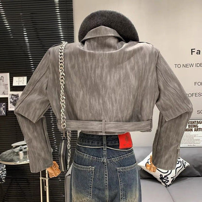 women cropped faux leather jacket