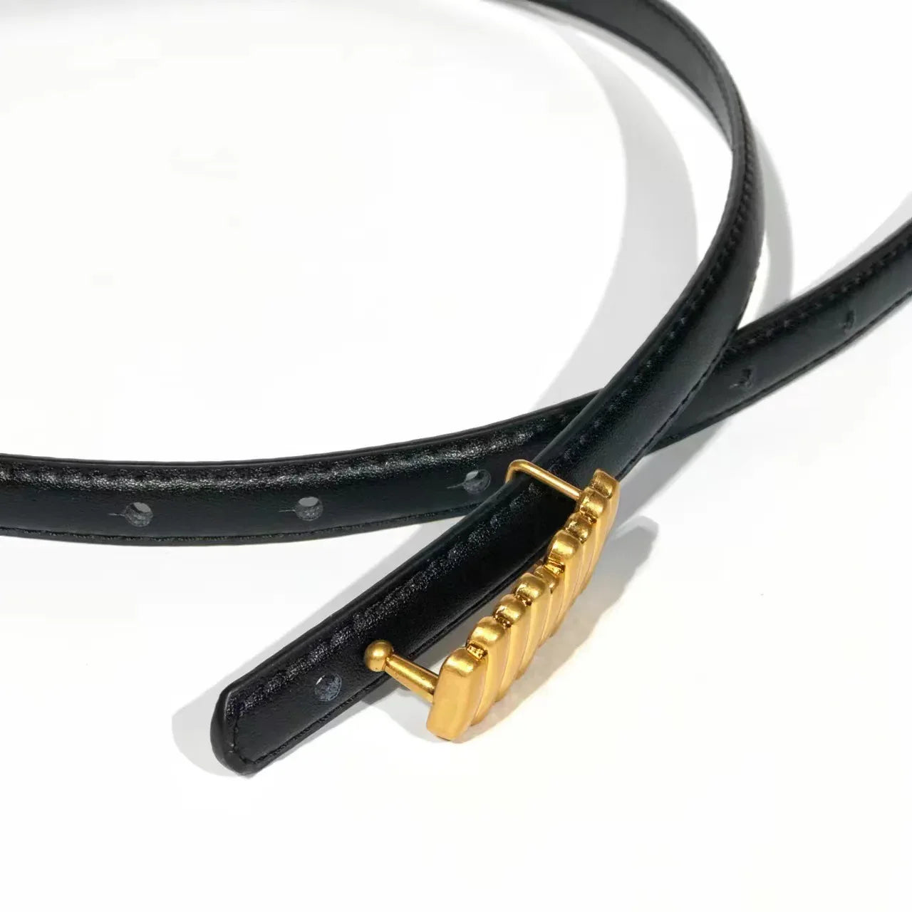 Women’s Skinny Genuine Leather Belt Gold Buckle Black