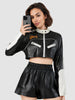 Black and White Cropped Faux Leather Biker Jacket for Women