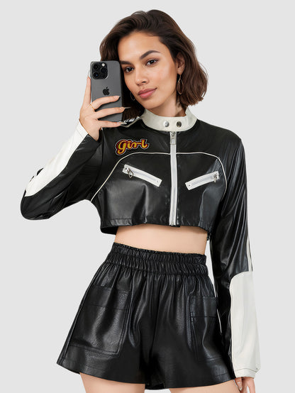 Black and White Cropped Faux Leather Biker Jacket for Women