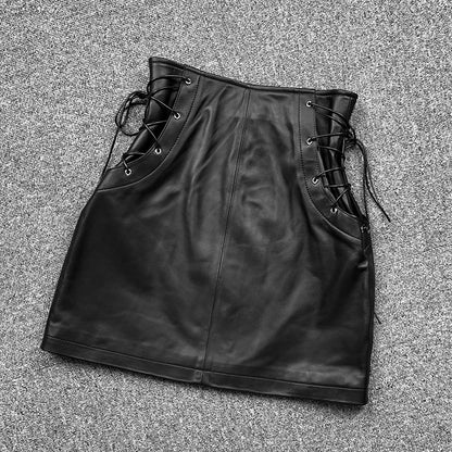 Leather Mini Skirt  High Waist  Front Lace-Up
