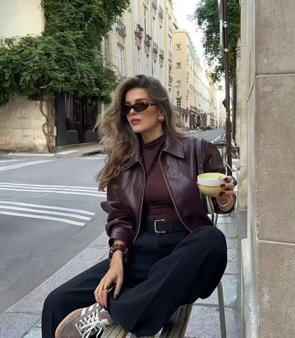 Women Faux Leather Wide Lapel Bomber Jacket