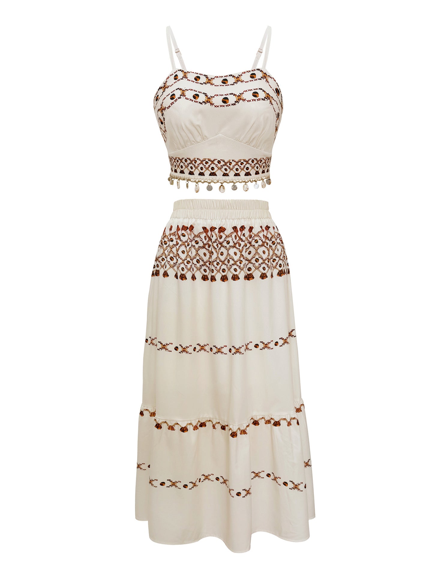 Bohemian Two-Piece Tassel Embroidered Crop Top & Maxi Skirt