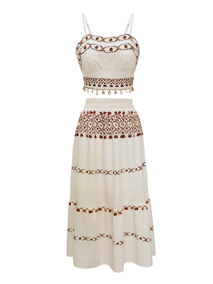 Bohemian Two-Piece Tassel Embroidered Crop Top & Maxi Skirt