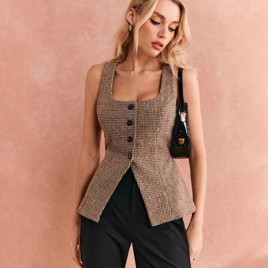 Plaid Khaki Sleeveless Tank Top Jacket