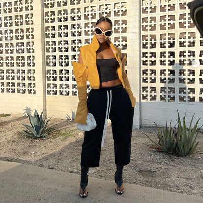 Cropped Faux Leather Jacket for Women with Detachable Sleeves