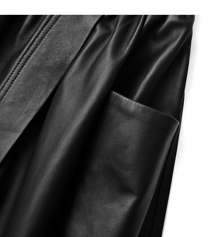 Sheepskin a-line leather midi skirt belt