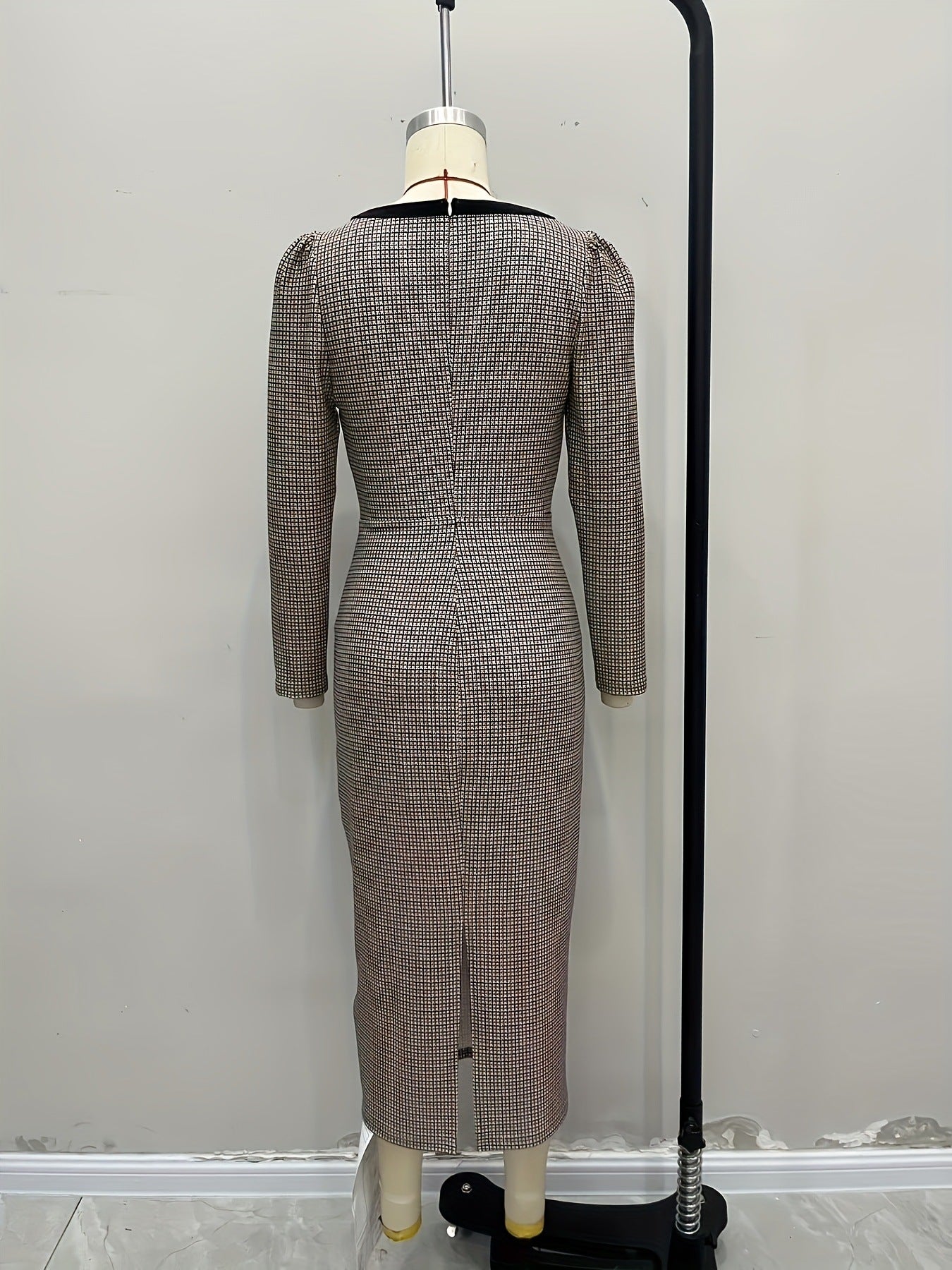 Plaid Midi Long Sleeve Dress with Bows and Square Neckline