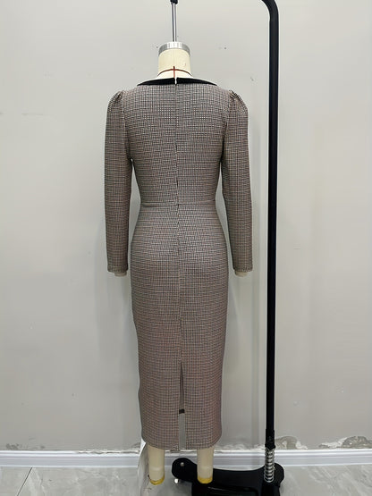 Plaid Midi Long Sleeve Dress with Bows and Square Neckline