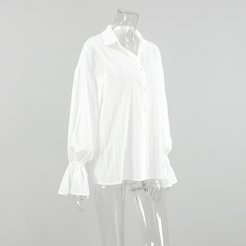Women’s White Jacquard Cotton Shirt with Bell Sleeves
