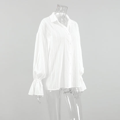 Women’s White Jacquard Cotton Shirt with Bell Sleeves