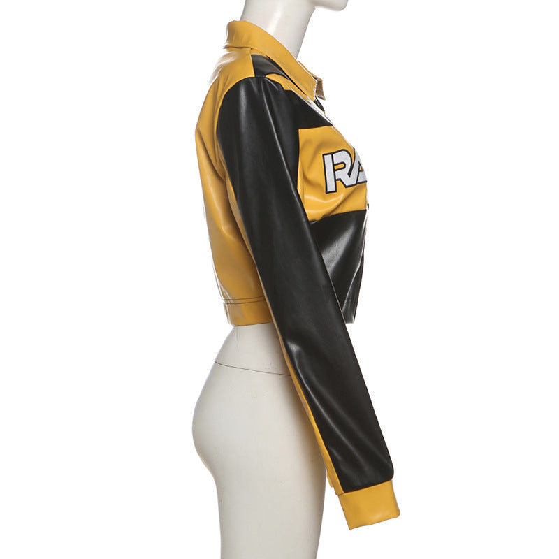 Yellow and Black Faux Leather Biker Jacket Women