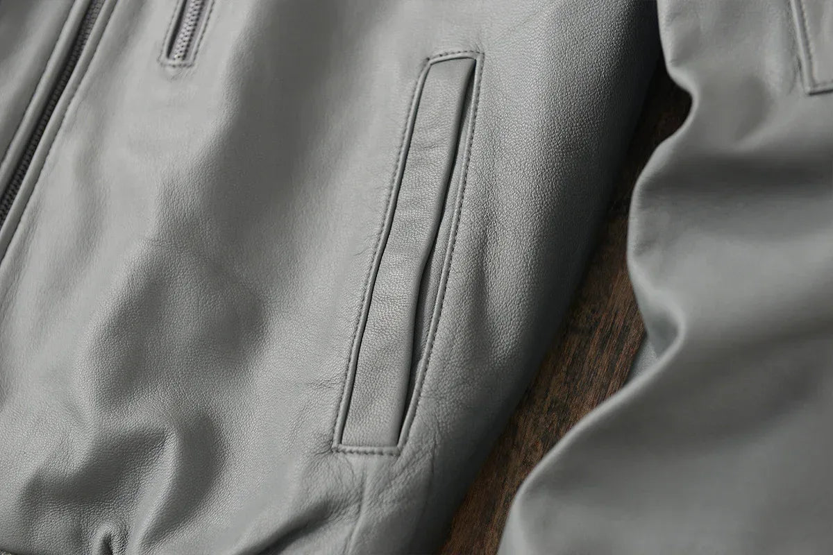 Men Grey Genuine Leather Bomber Jacket