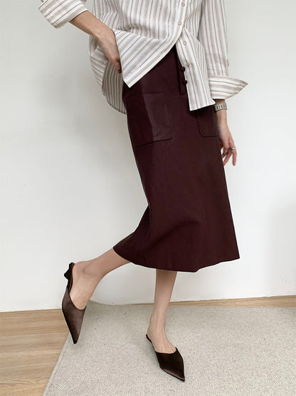 High Waisted PU Leather Pencil Skirt with Front Buttons