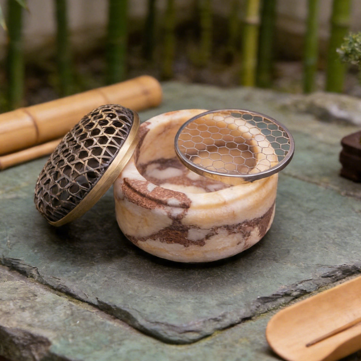 Marble Incense Burner with Decorative Metal Dome for Home Decor