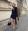 Women Navy Blue Pinstripe Blazer Skirt Set Two-Piece Outfit