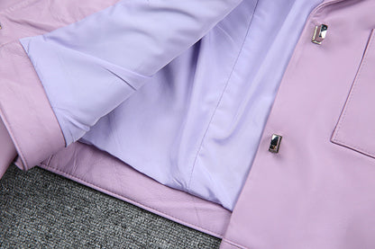 Women Cropped Pink Leather Jacket With Metal Lock