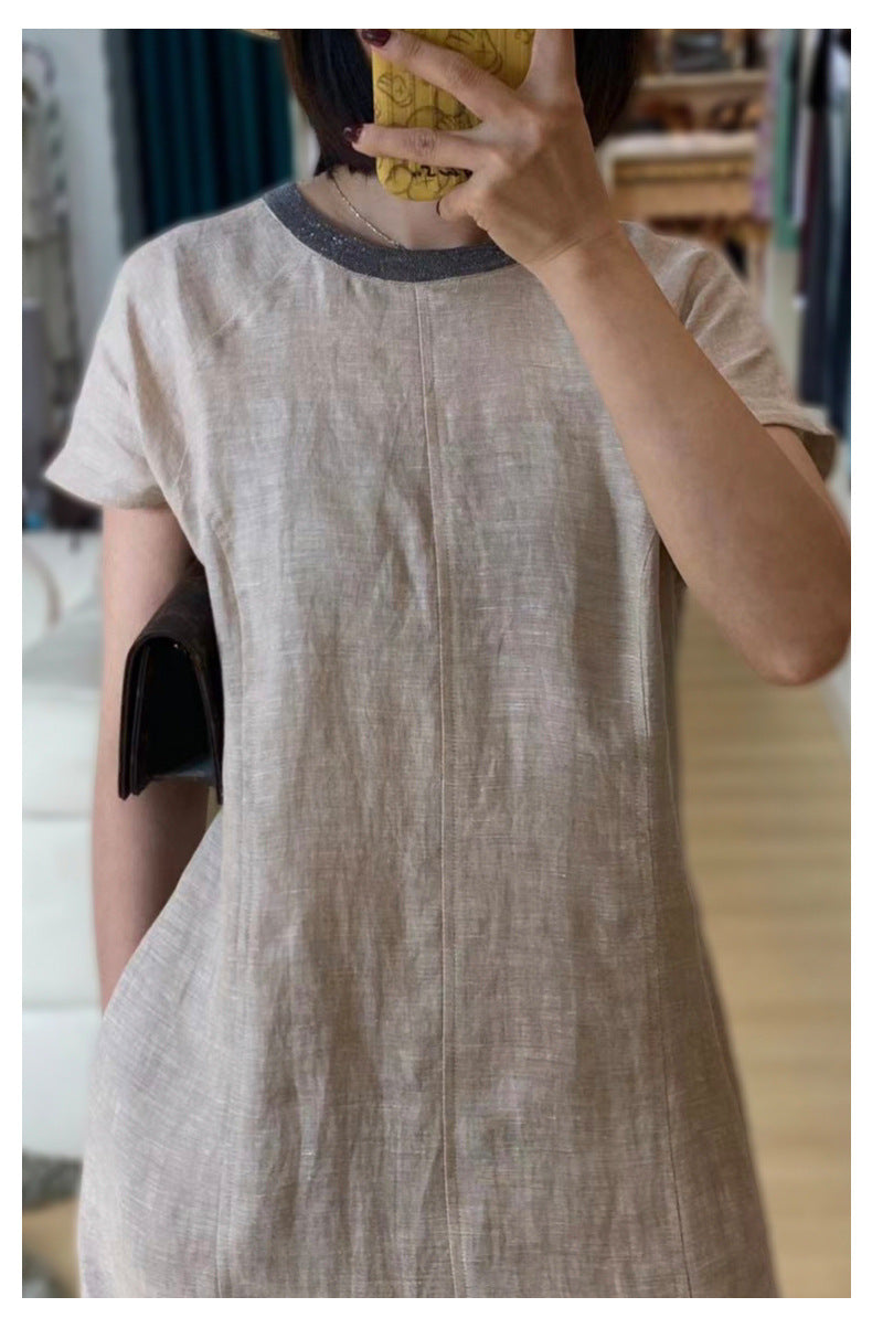 Apricot linen embroidered midi dress v neck summer flowy fit