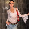 Deep V Lace Top Women Sheer Slim Fit Bell Sleeve Blouse
