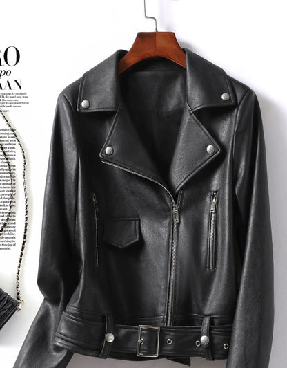 Women’s Leather Bomber Jacket Moto Style Zip Belted