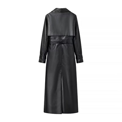 Women’s Faux Leather Belted Trench Coat Long Jacket