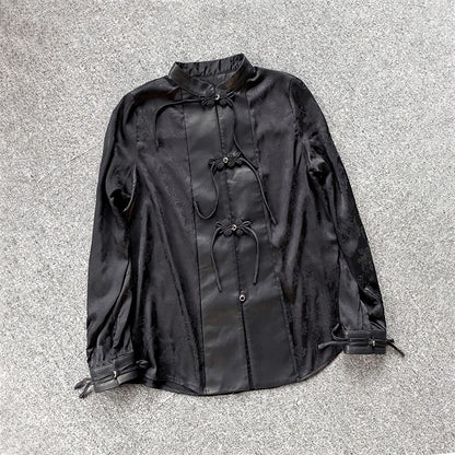 Leather Top for Women with Jacquard Sleeves and Mandarin Collar
