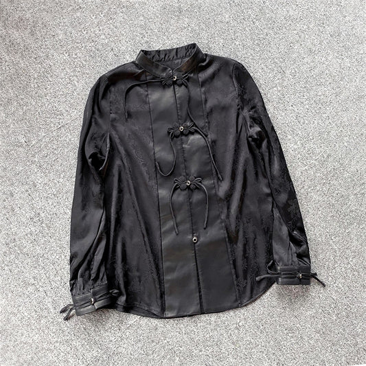 Leather Top for Women with Jacquard Sleeves and Mandarin Collar