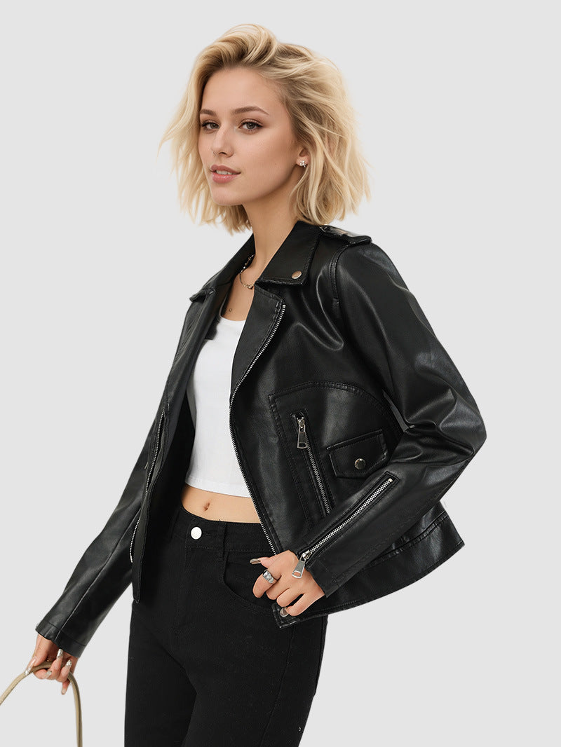 Black Faux Leather Moto Jacket with Zipper Pockets for Women