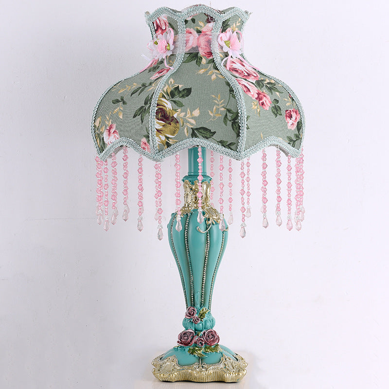Floral victorian green fabric beaded table lamp