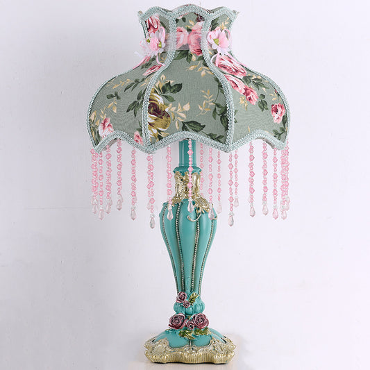 Floral victorian green fabric beaded table lamp