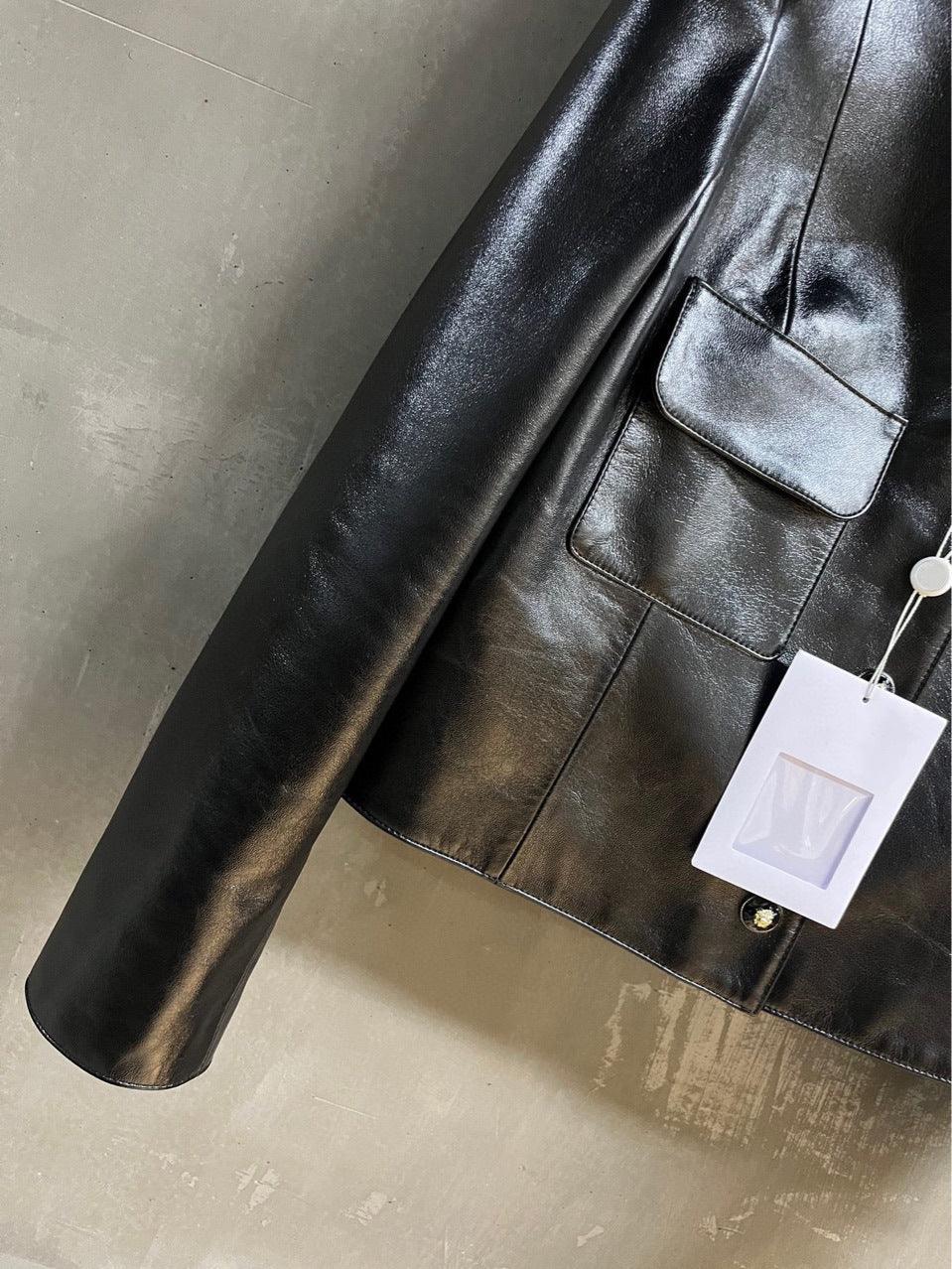 Black Leather Bomber V Neck Jacket Women