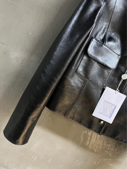 Black Leather Bomber V Neck Jacket Women