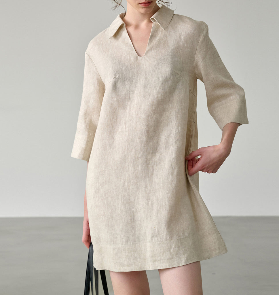 White linen shirt dress v neck half sleeve summer casual Hemp S