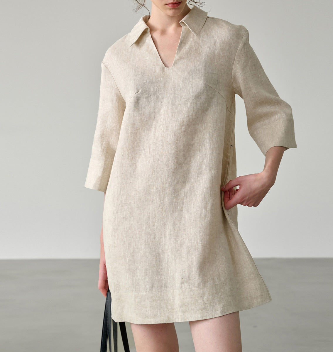 White linen shirt dress v neck half sleeve summer casual Hemp S