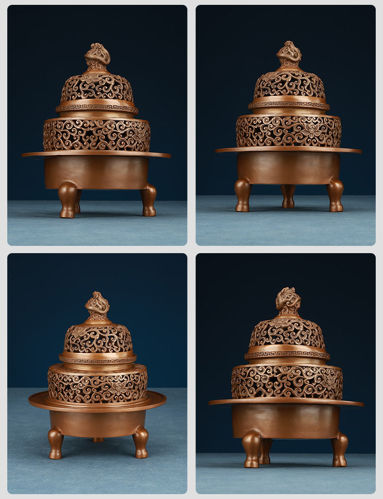 Copper Incense Burner with Three Legs and Decorative Openwork Lid
