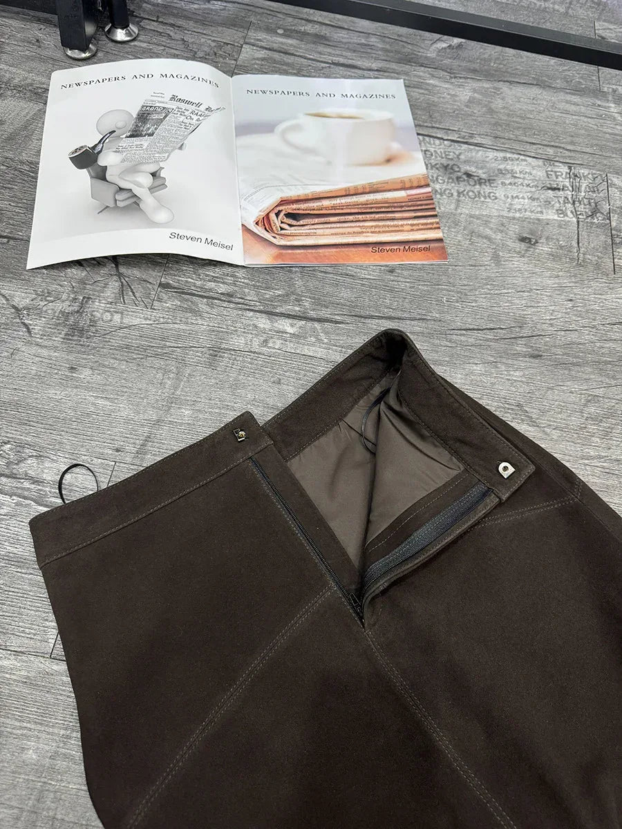 Brown Suede Midi Skirt Women Sheepskin Over-the-Knee Skirt