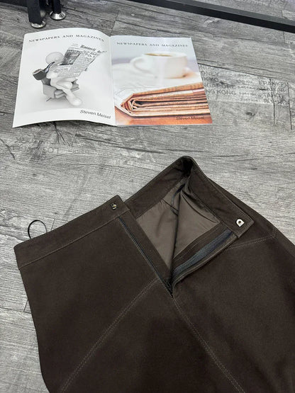 Brown Suede Midi Skirt Women Sheepskin Over-the-Knee Skirt