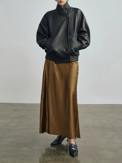 Women Leather Bomber Jacket Oversized Genuine Leather