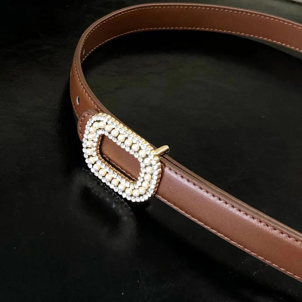 Women Pearl Buckle Split Cowhide Thin Leather Belt