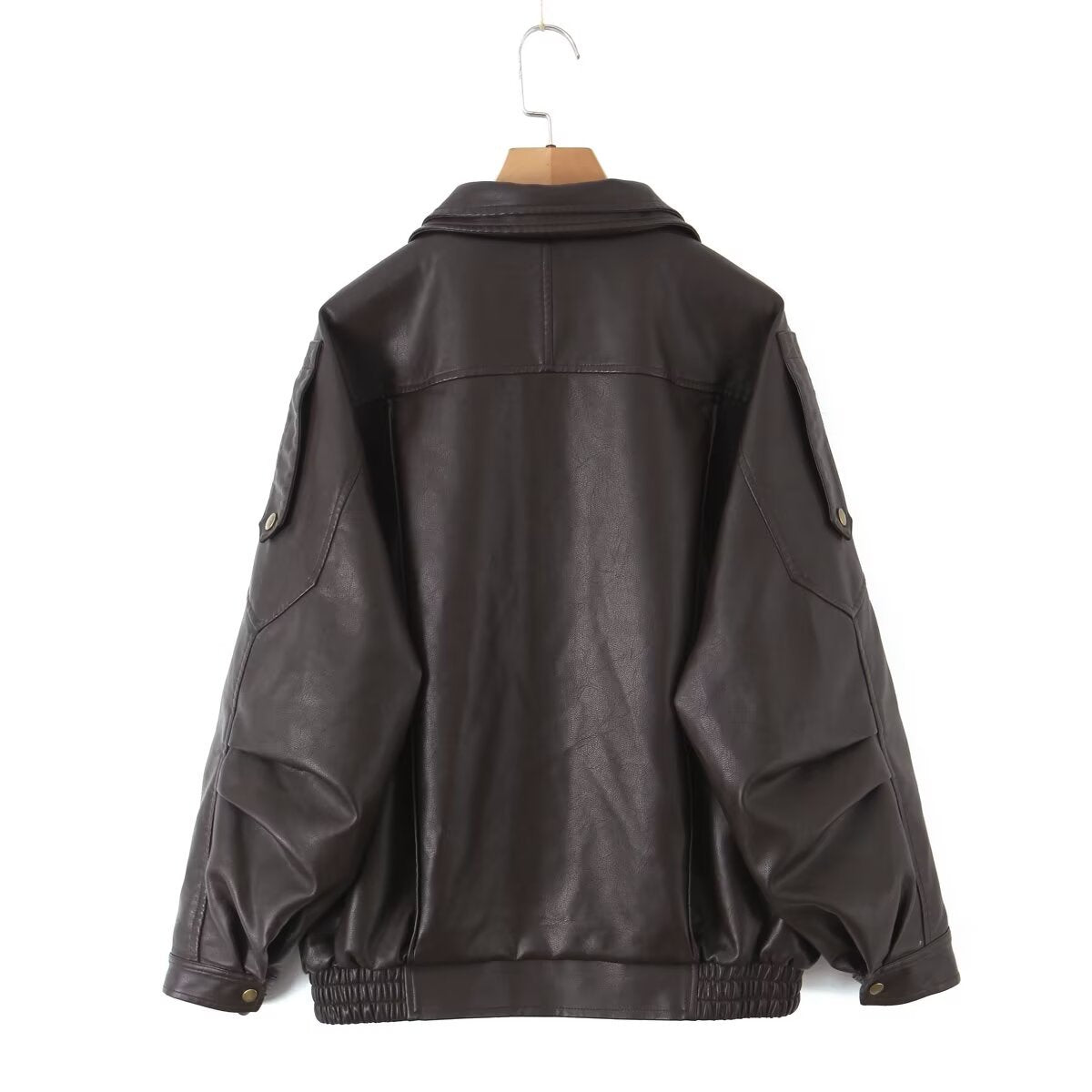 Oversized Brown PU Leather Biker Jacket Double Collar Motorcycle