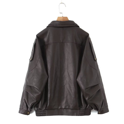 Oversized Brown PU Leather Biker Jacket Double Collar Motorcycle